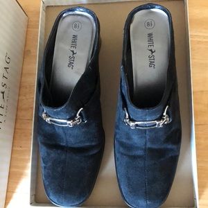 White Stag faux black suede slip-on mule.
